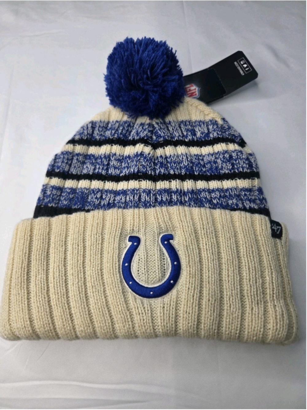 47 Indianapolis Colts Cuffed Pom Knit Beanie Cream Blue NFL NWT #92